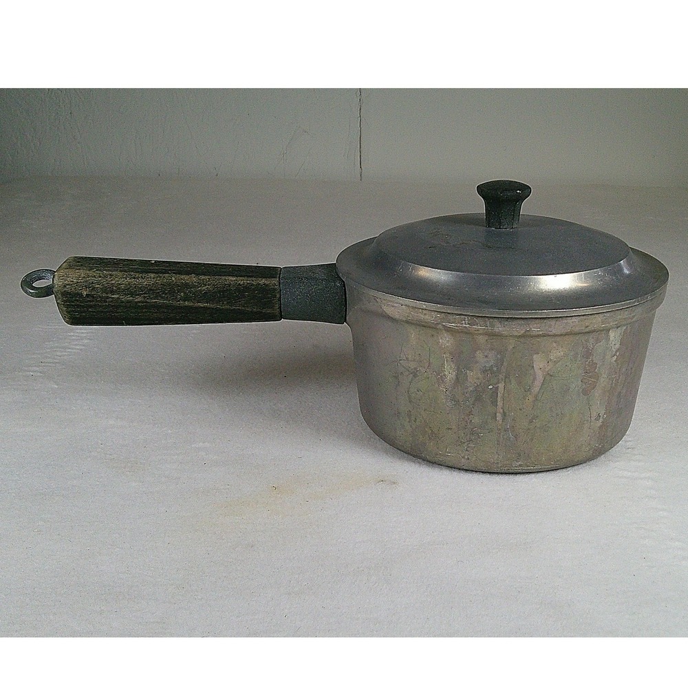 Vintage Guardian Service Cast Aluminum Saucepan with Lid Wood Handle Cookware